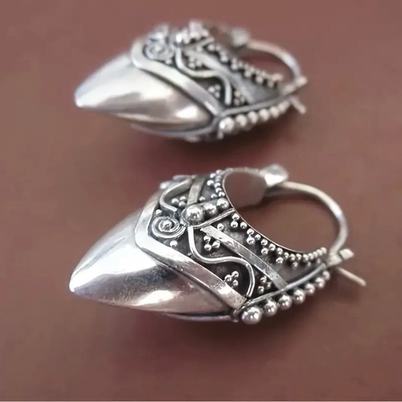 Jewelry - “Viking Spearpoint” Silver Nordic Ethnic Elaborate Point Ornate Embellished Hoop